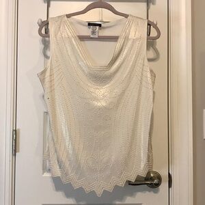 Dressy vintage S Levine slinky cream-white beaded tank blouse with v-neck (L)